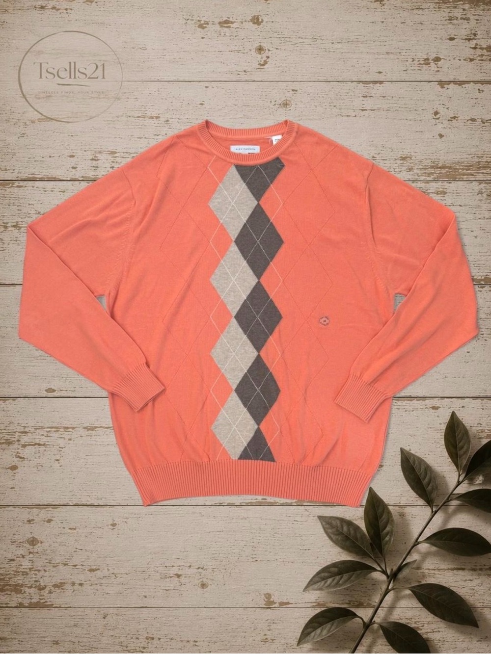 NWT Alex Cannon Men’s Orange 100% Cotton Argyle Crewneck Sweater - Size L